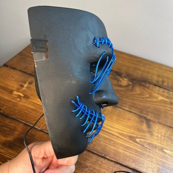 Light Up Blue Wire Horror Movie Halloween Mask Stitched Mouth and Eyes - Picture 6 of 11